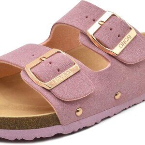 Women's Flat Slide Sandals Suede Leather Cork Arch Support Non Slip Shoes